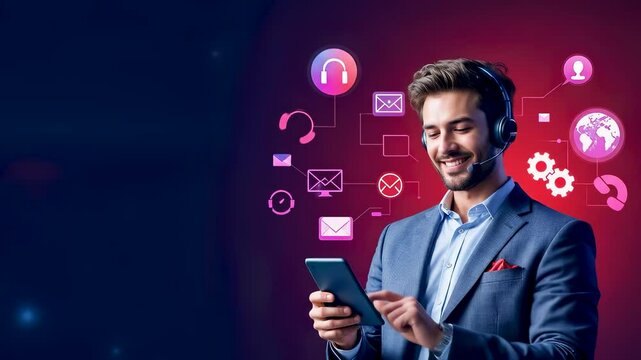 Businessman wearing headset providing 24/7 digital customer support with global communication icons, representing online helpdesk, AI chatbot, email, and virtual assistance, copy space area. - Powered by Adobe