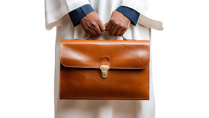 A person holding a leather briefcase on transparent background PNG