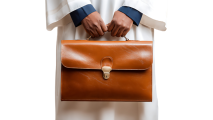 A person holding a leather briefcase on transparent background PNG