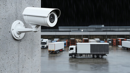 Security camera monitoring a shipping yard. Camera on a concrete wall, trucks parked in wet lot. Surveillance technology in logistics and transportation.