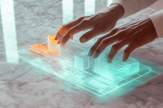 Hands interacting with a holographic 3D city model on a futuristic table.