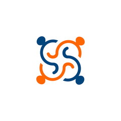 Interlocking Orange and Blue Abstract Shapes Forming a Square Design