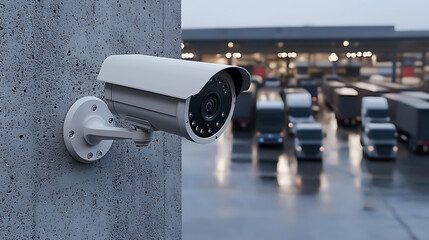 Surveillance camera mounted on a concrete wall, overlooking a vehicle depot, providing security and monitoring of the commercial transport zone.