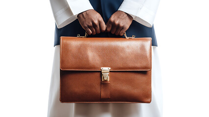 A person holding a leather briefcase on transparent background PNG