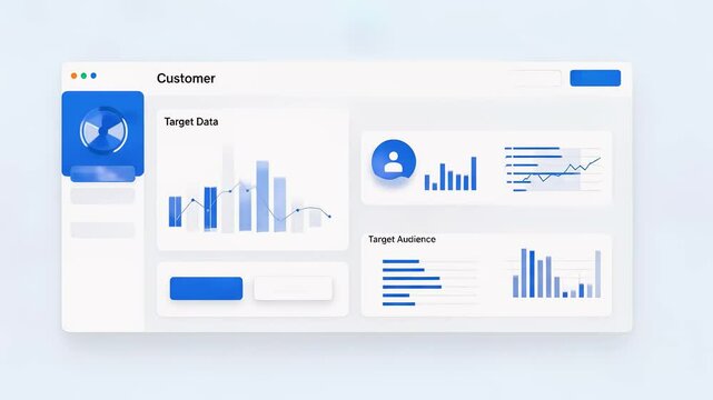 Futuristic dashboard interface displaying customer data analytics and AI-driven insights for identifying target audiences in marketing, CRM, and business intelligence. Seamless looped video.
