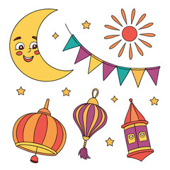 Fototapeta premium Festive moon sun lanterns and bunting stars