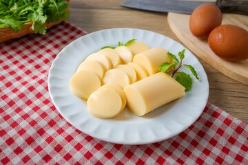 Sliced Egg tofu or bean curd in a white ceramic plate 