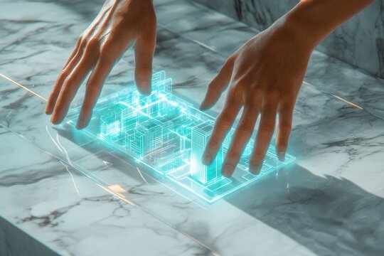 Hands interact with a holographic 3D model of a city, showcasing futuristic technology. - Powered by Adobe