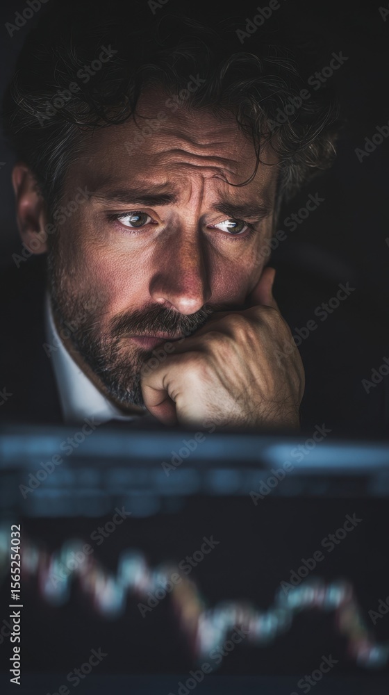 Poster a stock market analyst visibly stressed and deep in thought peers at a falling stock index graph on 