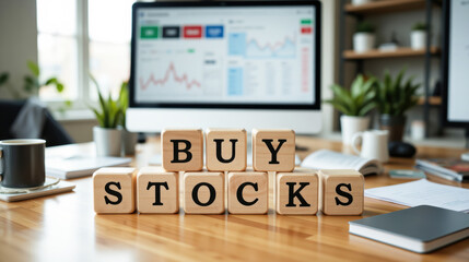 Buy stocks means purchasing shares of public companies as an investment to gain profits and build financial growth with copy space