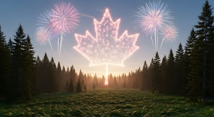 Fireworks Display in the Shape of a Maple Leaf Over Forested Landscape at Sunset