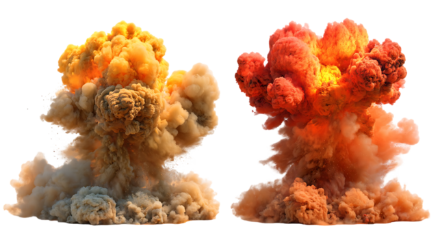 Two dramatic explosion clouds, isolated on black background.