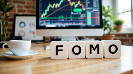 FOMO or fear of missing out describes emotional decision-making in trading or investing due to market hype and trends with copy space