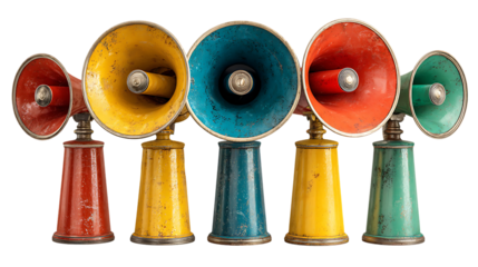 Five vintage colorful loudspeakers in a row.