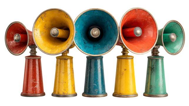 Five vintage colorful loudspeakers in a row.