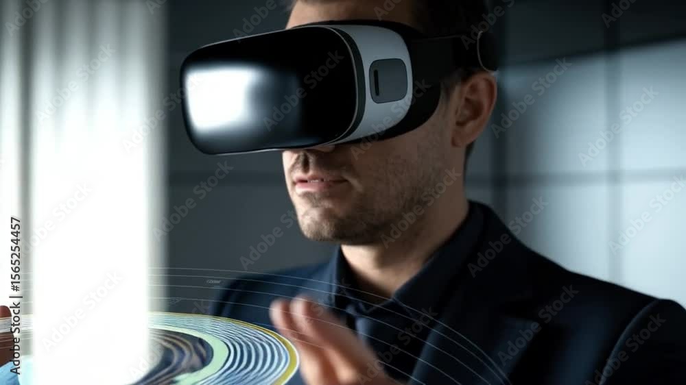 Poster man explores augmented reality with vr glasses and futuristic interface