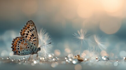 Natural pastel background. Morpho butterfly and dandelion. Seeds of a dandelion flower in drops of water on a background of sunset.