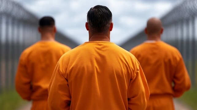 Men in orange uniforms stand together in a prison yard surrounded by high fences under a cloudy sky