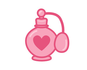 Cute pink perfume bottle with heart detail in girly style, ideal for birthday party decorations, fashion illustrations, greeting cards, and festive celebration designs. Vector illustration.