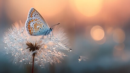 Natural pastel background. Morpho butterfly and dandelion. Seeds of a dandelion flower in drops of water on a background of sunset.