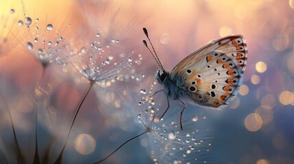 Natural pastel background. Morpho butterfly and dandelion. Seeds of a dandelion flower in drops of water on a background of sunset.