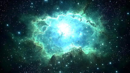 Vast nebula, vibrant blue-green hues,  starlight, cosmic