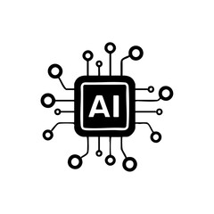 Black ai chip icon with radiating connections isolated on transparent background
