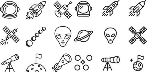 Space exploration icons featuring rockets astronauts satellites aliens and celestial bodies helmet