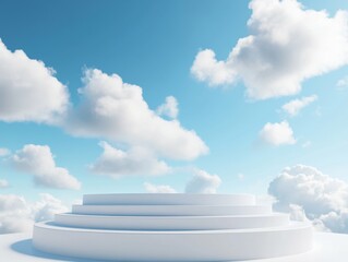 vibrant color picture of White Podium display for product presentation on a blue sky background with clouds. Pedestal platform mockup stand show for organic product. high detail 8k