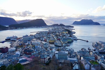 Stunning view of the port city of Aalesund, Norway. Seen from the viewpoint on mount Aksla.