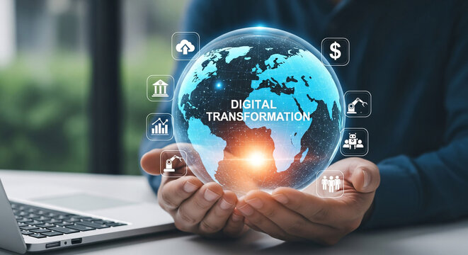 Hands Holding World Globe with Digital Transformation Icons for Business Strategy and Technology - Powered by Adobe