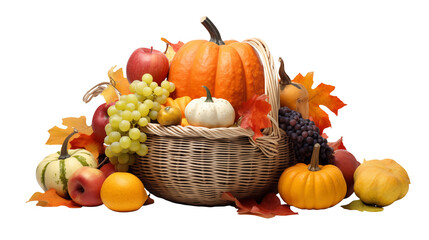 A delightful basket filled with autumnal harvest, featuring vibrant pumpkins, apples, grapes, and colorful fall leaves, perfect for Thanksgiving, transparent background