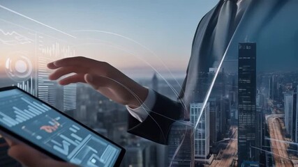 Businessman manages financial data using digital tablet on cityscape - Powered by Adobe