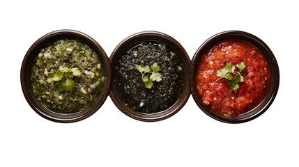 Three bowls display vibrant sauces like green chimichurri, black tahini, and red tomato salsa against a transparent background.