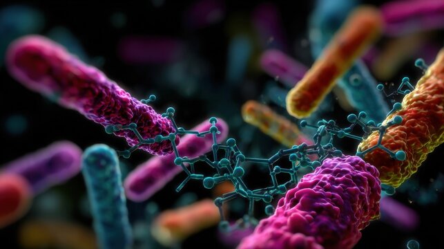 Illustrative concept of a targeted antibiotic mechanism showcasing molecular interactions with specific bacterial proteins symbolizing the future of personalized medicine in combating
