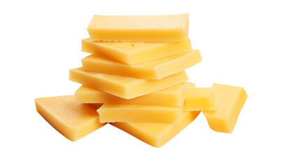 Delicious cheddar cheese slices are stacked against a transparent backdrop, perfect for culinary projects and food design, transparent background