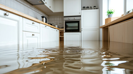 Kitchen flood damage with water covering the floor creating ripples and reflections. White cabinetry lines the walls, indicating possible water damage.