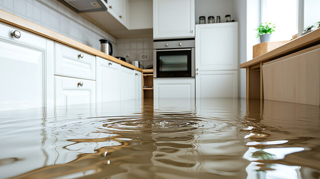 Kitchen flood damage with water covering the floor creating ripples and reflections. White cabinetry lines the walls, indicating possible water damage.