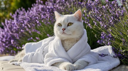 Purebred cat wearing white bathrobe laying on the towels under the blooming lavender bush 