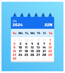 June 2024 calendar. Blue calendar portrait. 2024 Weekend placed sunday and saturday. Layout grid. Monthly calendar format june 2024. Vector illustration