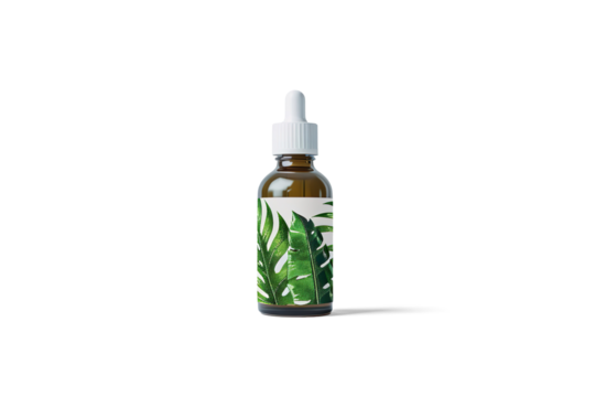 Miniature Oil Bottle Mockup with Tropical Leaf Pattern Label on a transparent background - Powered by Adobe