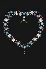 Xmas winter heart shape romantic love wreath decoration, mistletoe, snowflakes, stars, blue spheres, holly berries. Festive ornate design Xmas theme.