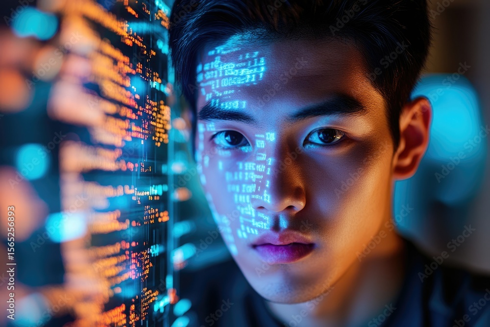 Aufkleber a young man's face is illuminated by a screen displaying lines of code, symbolizing the fusion of te