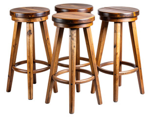 Set of Three Rustic Wooden Bar Stools with Round Seats, Isolated on Transparent Background PNG