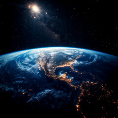 Night View of Earth from Space Showing City Lights and Illuminated Landscape