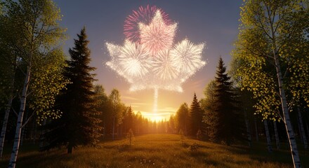 Fireworks Display Over Forest During Sunset with Bright Colors and Celebratory Atmosphere