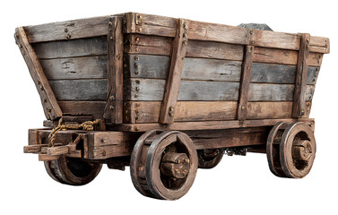 3D render of a wooden mining cart on wheels, isolated on a transparent background