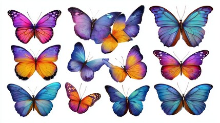Set of bright colorful tropical morpho butterflies isolated on white. flying butterflies of rainbow colors 