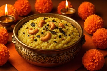 Fragrant white rice served in a richly decorated bowl garnished with cashews and fresh herbs on a wooden table, traditional Indian rice for the festival of Pongal