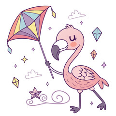 Delightful Bashful Flamingo in a Starry night scene with with a rainbow kite – Magical Night vector illustration
